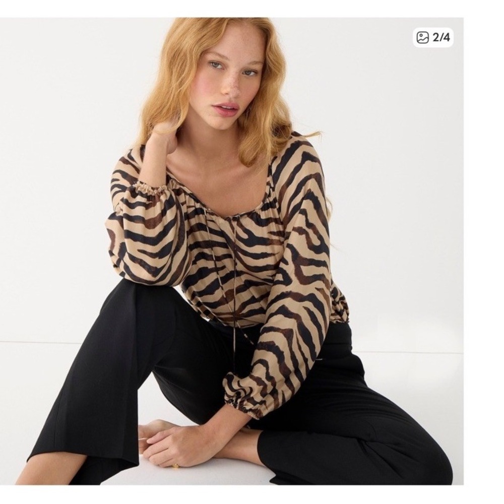 J.Crew Zebra Print Tie‎ Front Blouse Drapey Ballon Sleeves Flowy Top Size Xl NWT